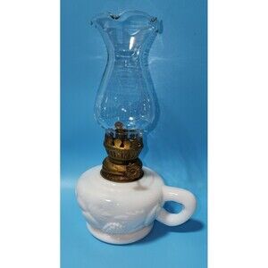 Vintage Miniature Milk Glass Oil Lamp with Fruit Design and Fluted Chimney